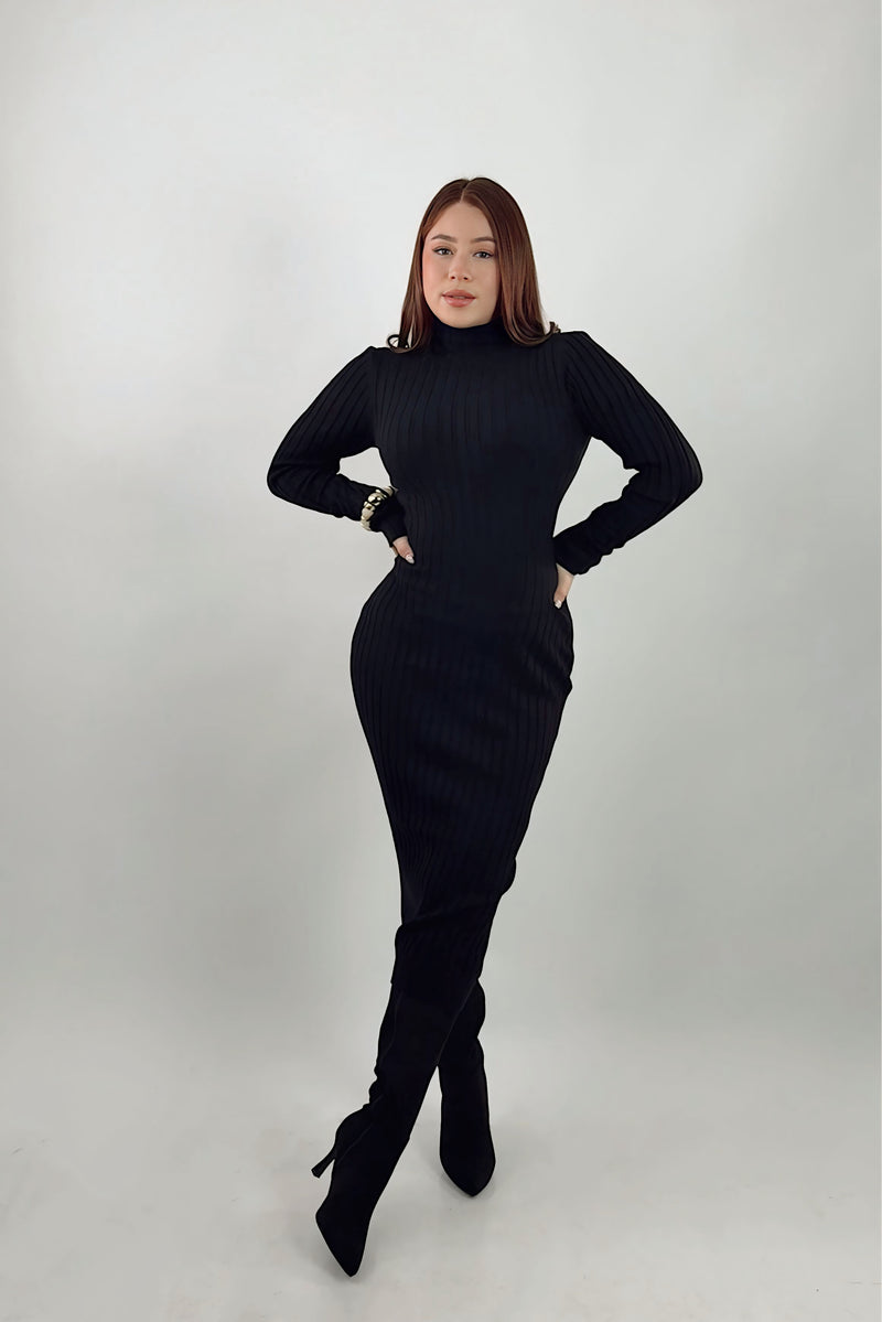 Vestido Midi Tela Punto Manga Larga Negro