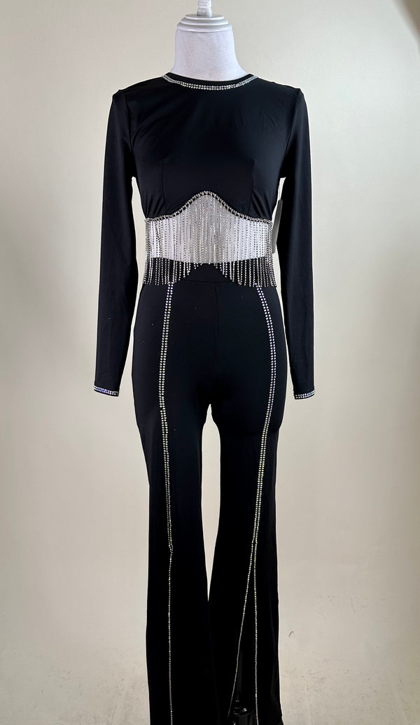 Set de Pantalon Con Tiras de Pedreria Negro