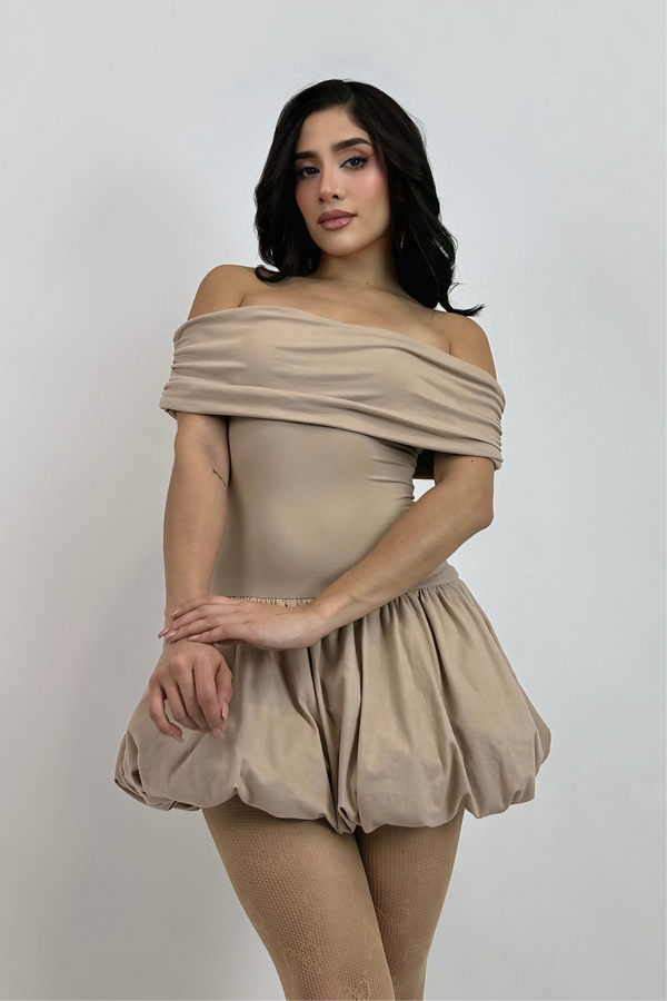 Vestido Off Shoulder Ballon Beige