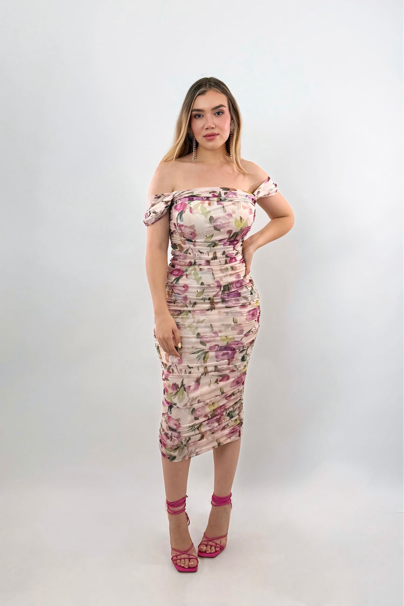 Vestido Midi Corrugado Floreado