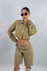 Short Biker Rhinestone Kakhi