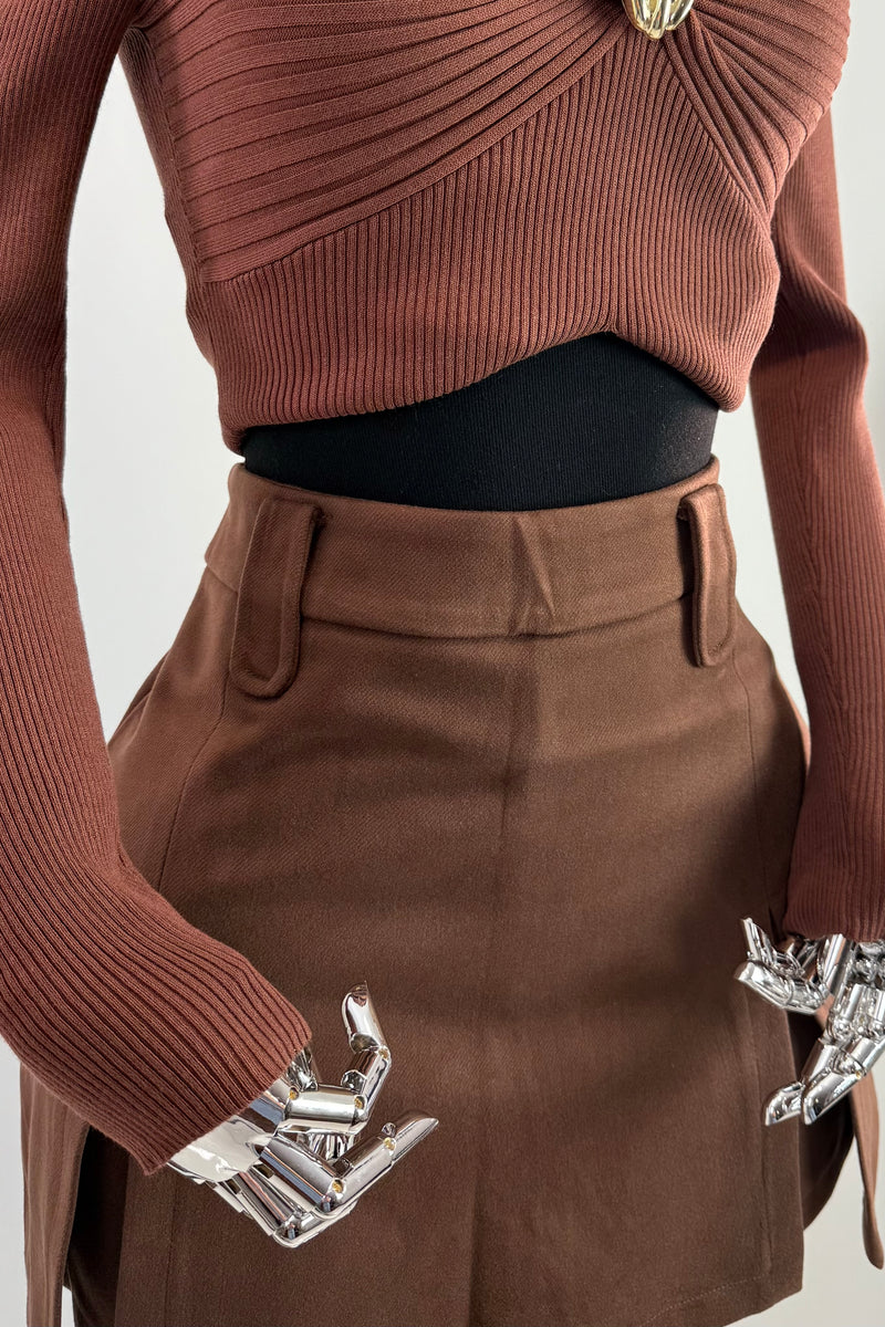 Short Falda Velvet Plisada Cafe