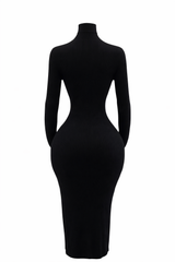Vestido Midi Manga Larga Tela Punto Negro