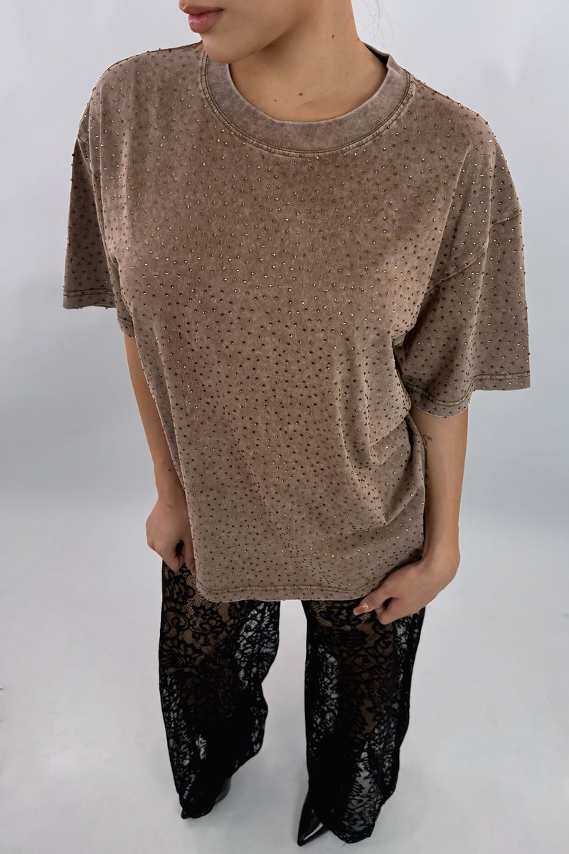 Playera Oversize Rhinestone Cafe