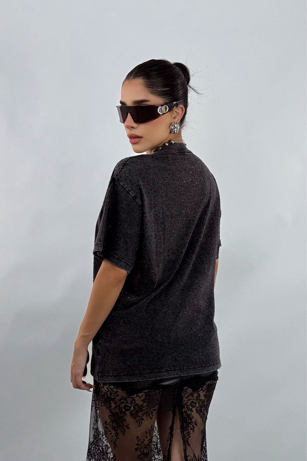 Playera Oversize Rhinestone Negro