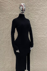 Vestido Midi Manga Larga Tela Punto Negro