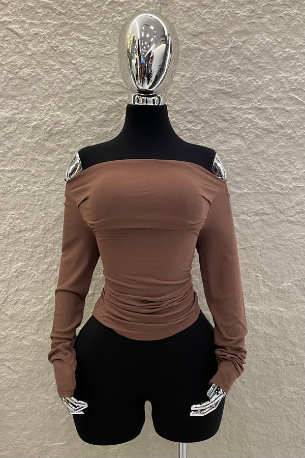 Blusa Off Shoulder Manga Larga Cafe