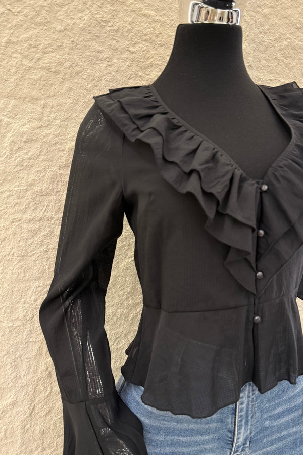 Blusa Manga Larga Olanes Negra