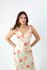 Vestido Satinado Midi Floral