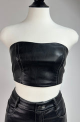 Crop Top Vinipiel Negro Costuras Blancas