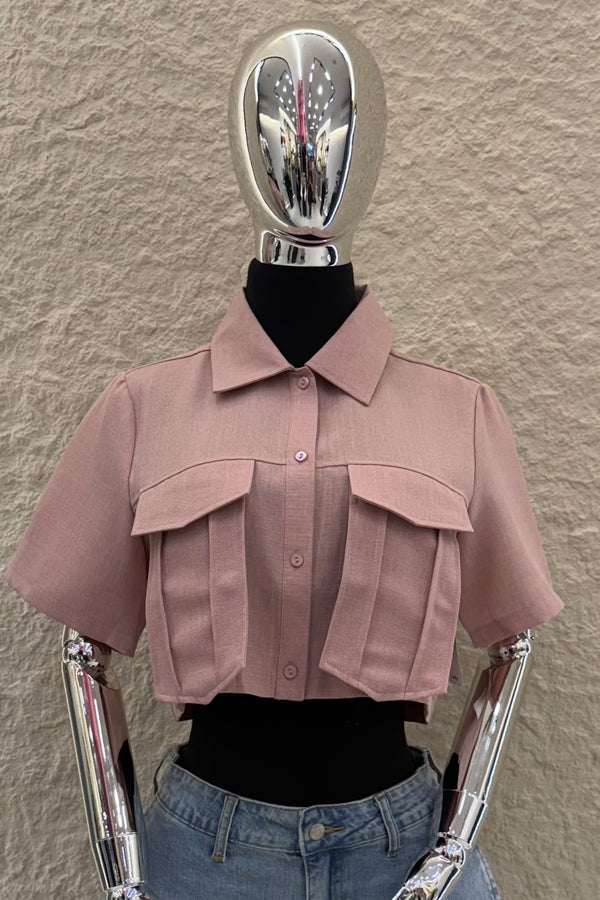 Camisa Manga Corta App de Bolsas Rosa