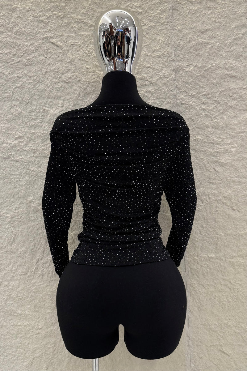 Blusa Rhinestone Ruched Negra