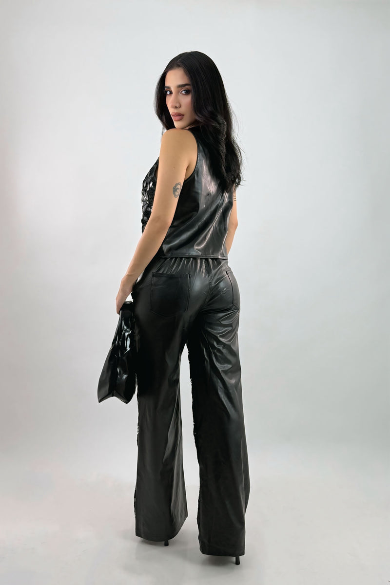 Set Chaleco y Pantalon Floreado Vinipiel Negro