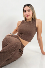 Set Crop Top y Pantalon Rhinestone Cafe