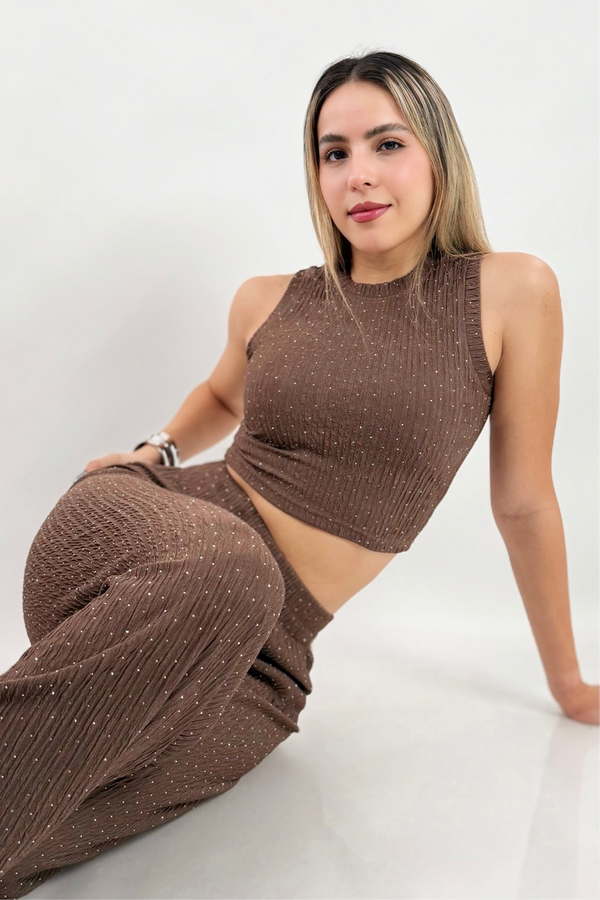 Set Crop Top y Pantalon Rhinestone Cafe