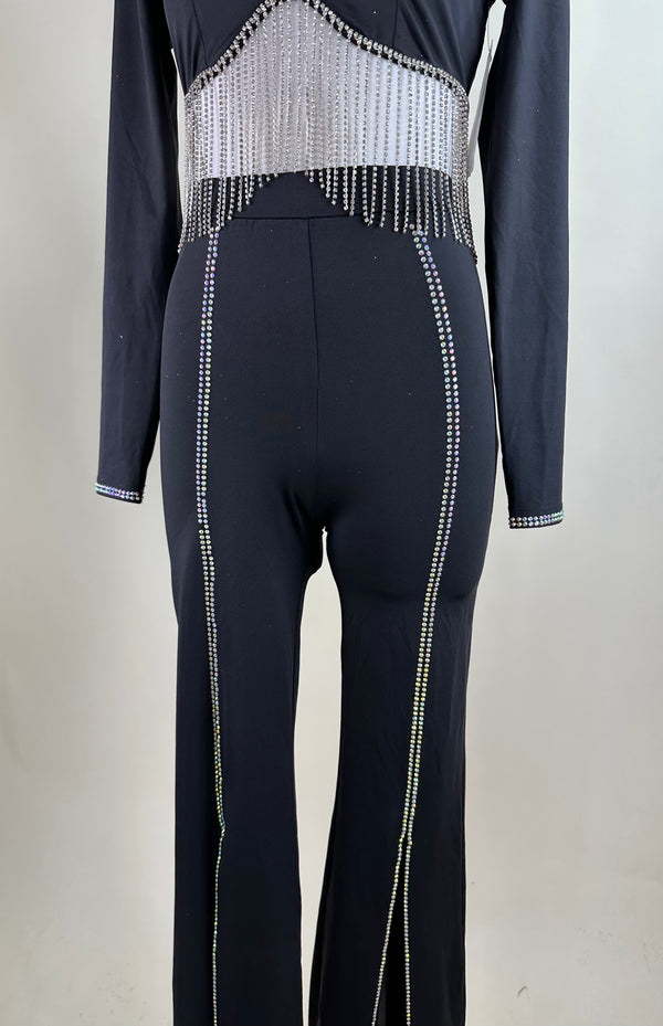 Set de Pantalon Con Tiras de Pedreria Negro