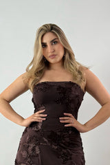 Vestido Strapless Encaje Cafe