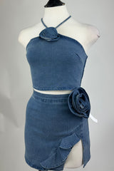 Falda Denim Con Olan y Flor