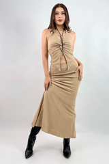 Set Top y Maxi Falda Texturizado Khaki