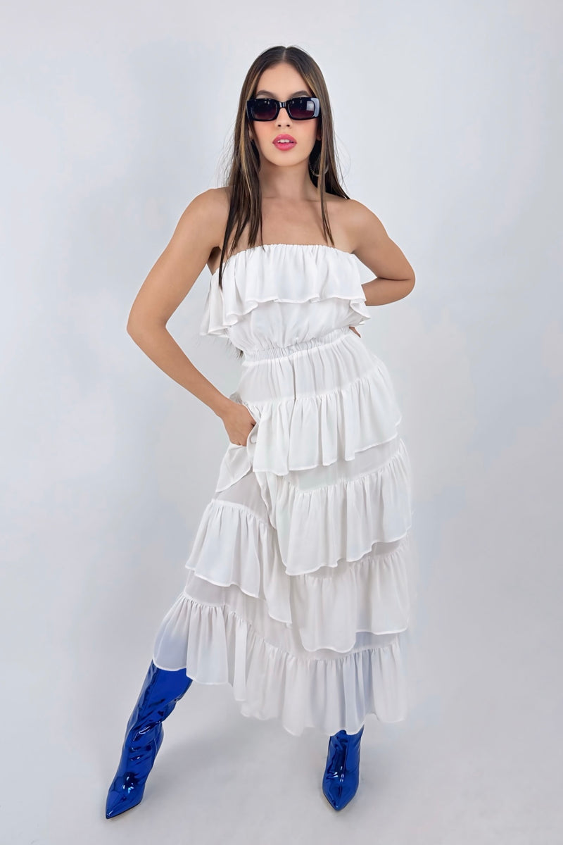 Vestido Con Olanes Midi Blanco