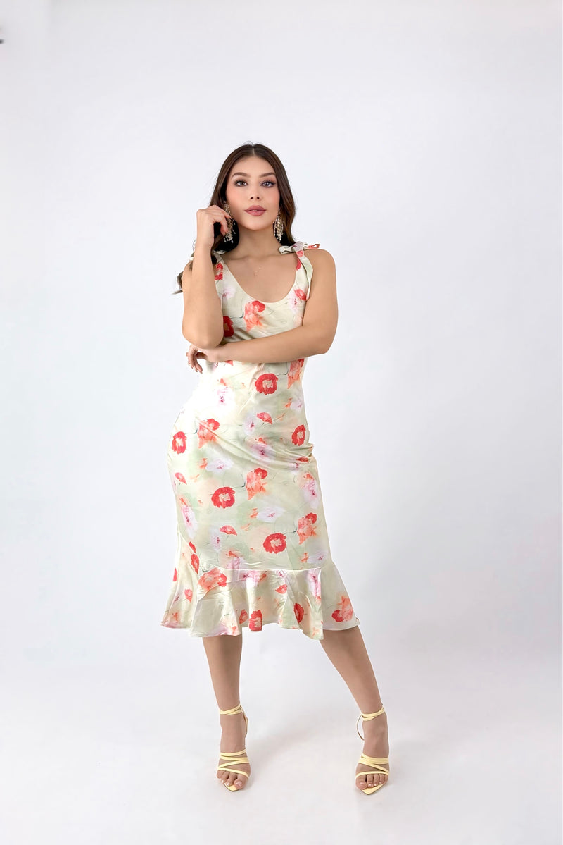 Vestido Satinado Midi Floral