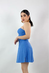Vestido Lino Corto Suelto Azul