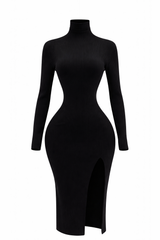 Vestido Midi Manga Larga Tela Punto Negro
