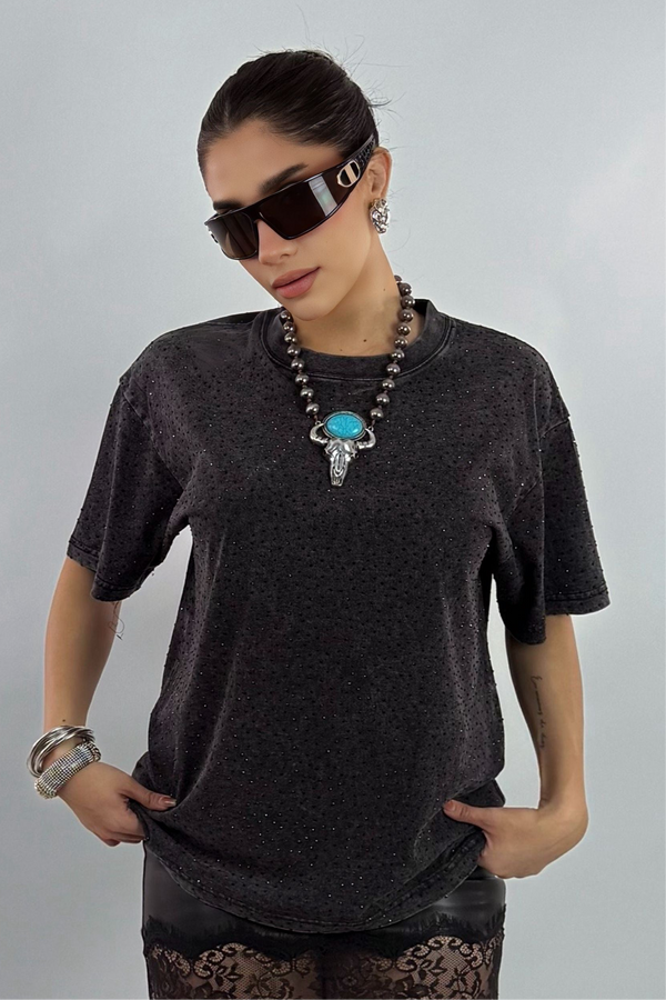 Playera Oversize Rhinestone Negro