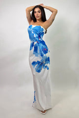 Vestido Largo Strapless Floral Blanco