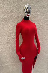 Vestido Midi Manga Larga Tela Punto Rojo