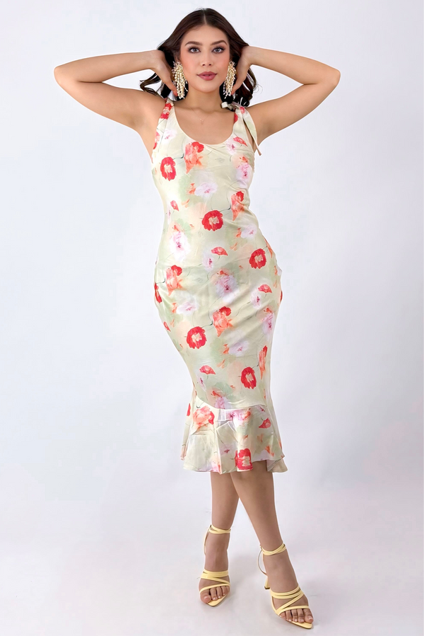 Vestido Satinado Midi Floral