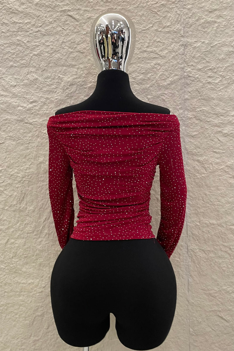 Blusa Rhinestone Ruched Rojo