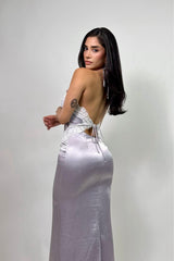 Vestido Halter Satinado Encaje Lavanda