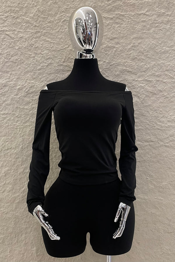 Top Off Shoulder Manga Larga Negro