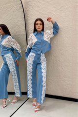 Camisa Denim Con Encaje Blanco
