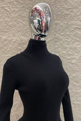 Vestido Midi Manga Larga Tela Punto Negro