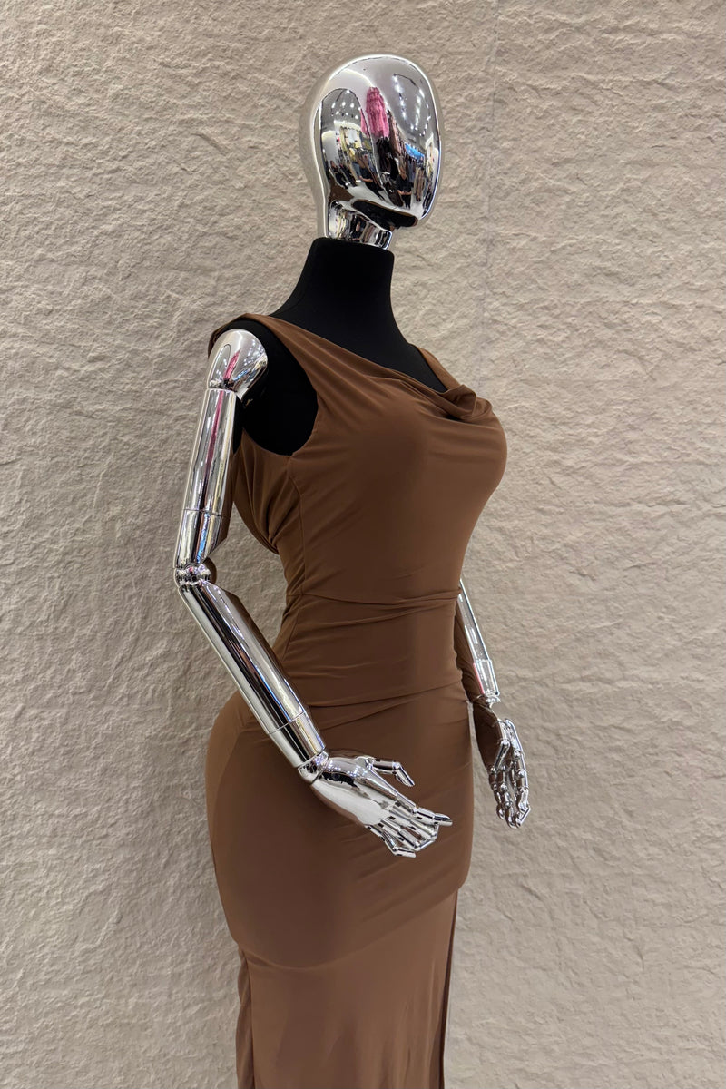 Vestido Midi Escote Abullonado Cafe