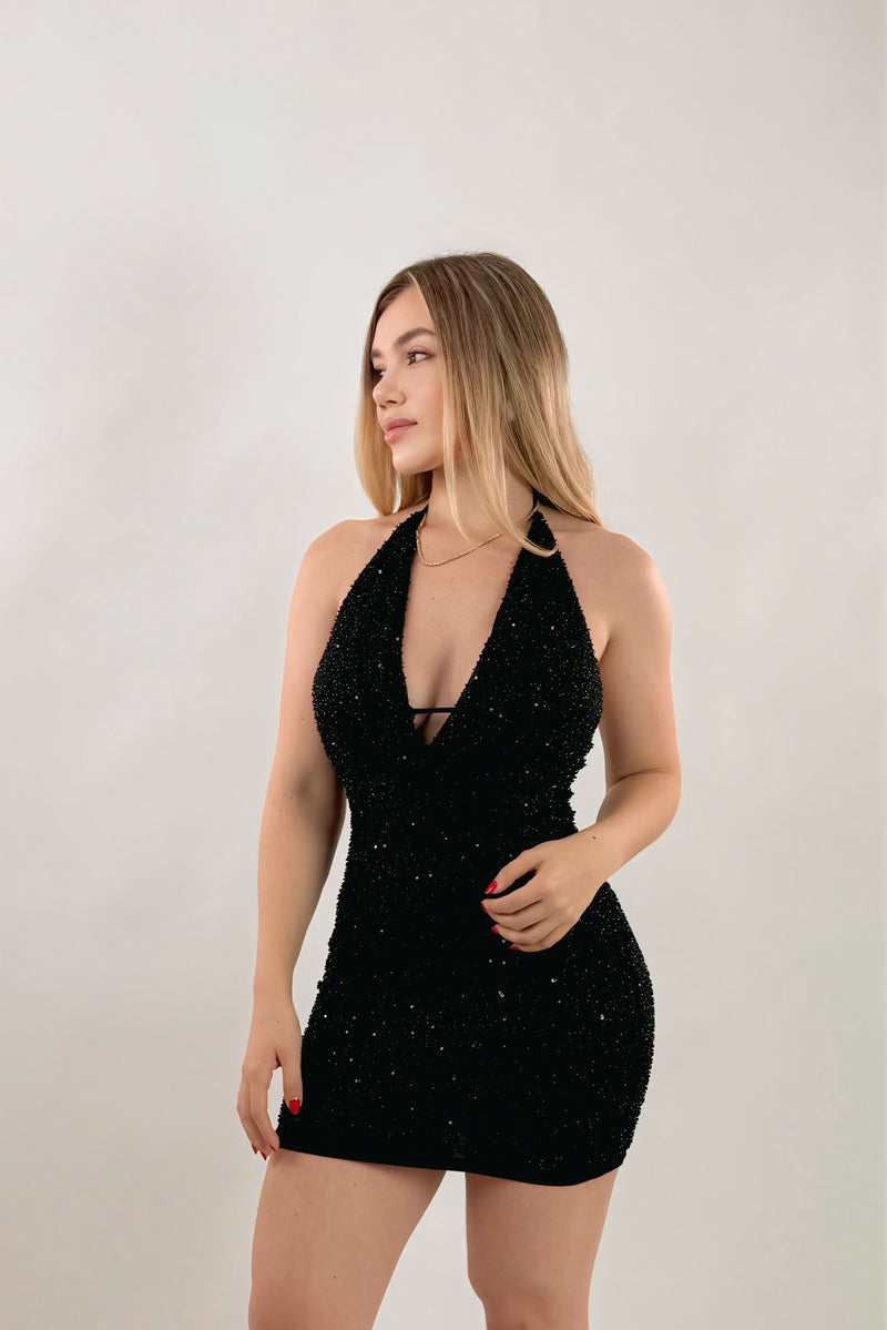 Vestido Rhinestone Halter Negro
