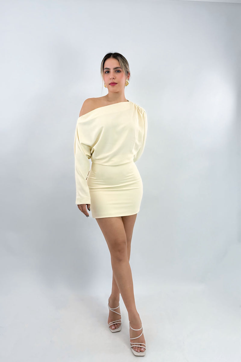 Vestido Manga Larga Cinto Amarillo