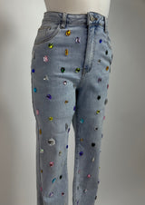 Pantalon Denim Con Pedreria de Colores