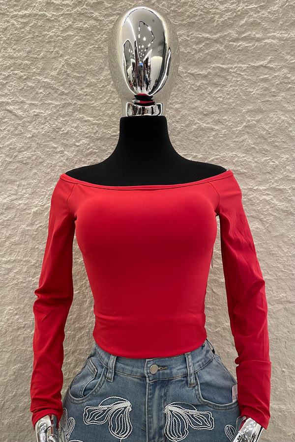 Top Off Shoulder Manga Larga Rojo