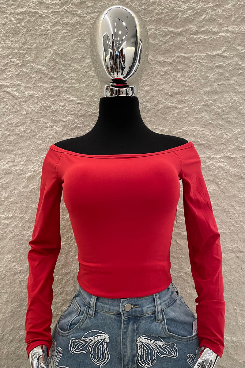 Top Off Shoulder Manga Larga Rojo