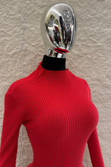 Vestido Midi Manga Larga Tela Punto Rojo