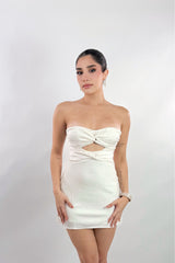 Vestido Strapless Satinado Beige