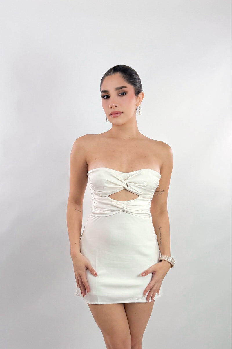 Vestido Strapless Satinado Beige