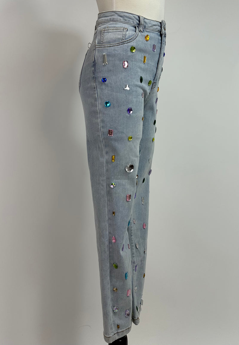 Pantalon Denim Con Pedreria de Colores