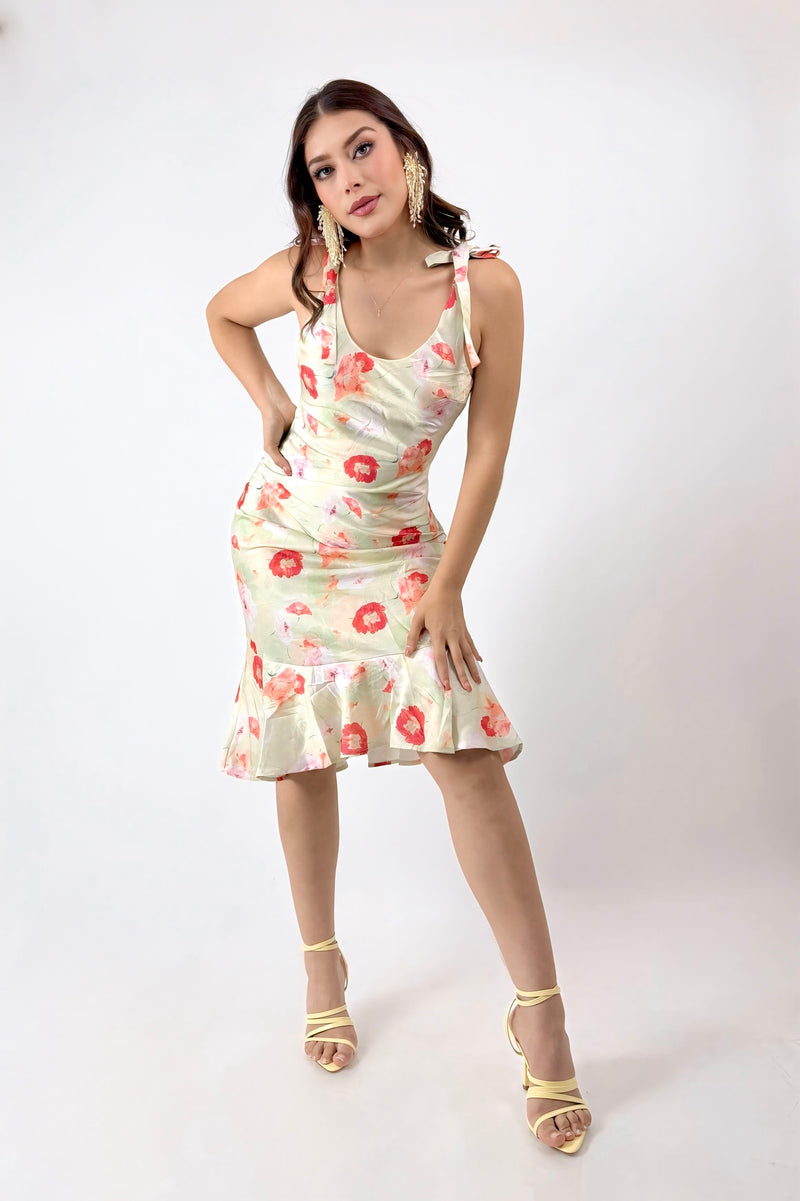 Vestido Satinado Midi Floral