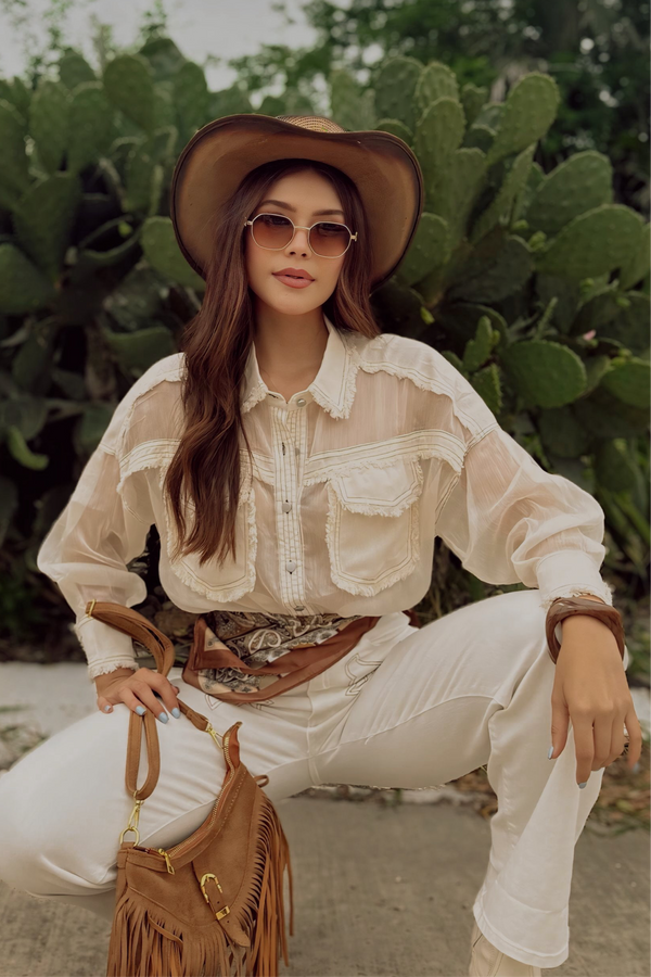Camisa Manga Larga Transparente Beige