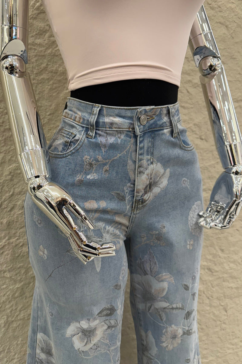 Pantalon Denim Estampado de Flores