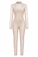 Romper De Pantalon Transperencia Con Pedreria Beige